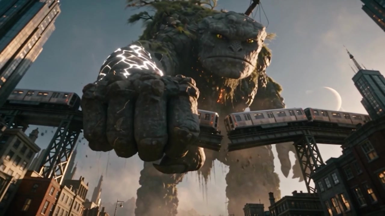 Still from Gods Versus Monsters: a stone titan rips a train bridge out of a futuristic city